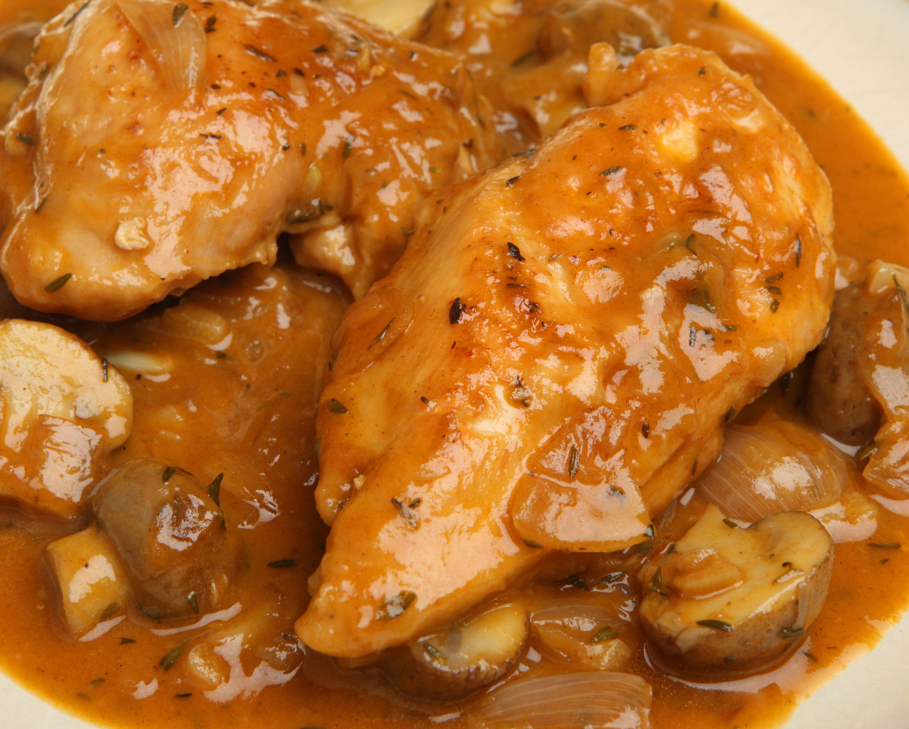 Chicken chasseur, classic French casserole with mushrooms, shallots and herbs.