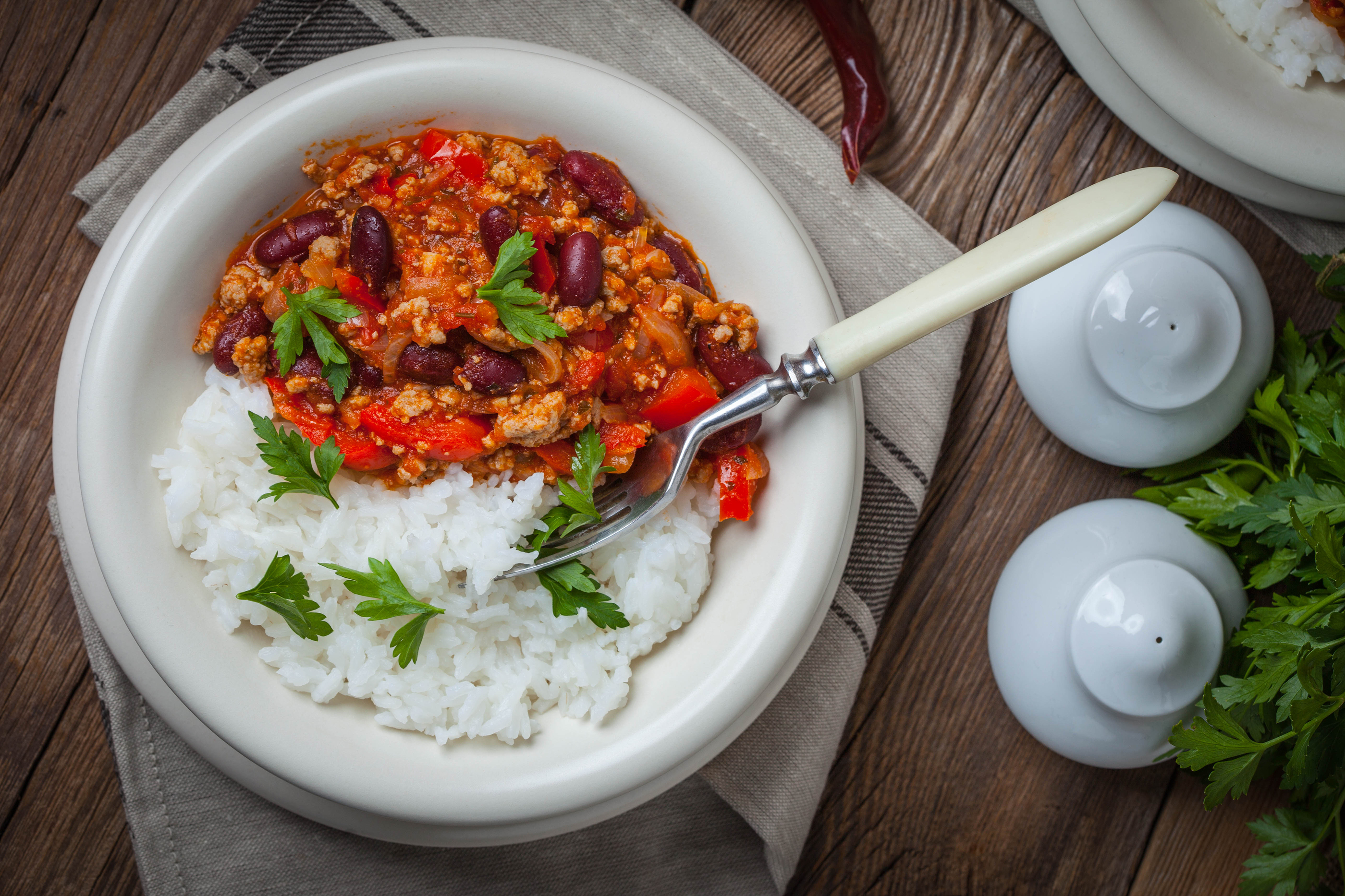 Chilli con Carne, a minced beef and kidney bean spicy dish