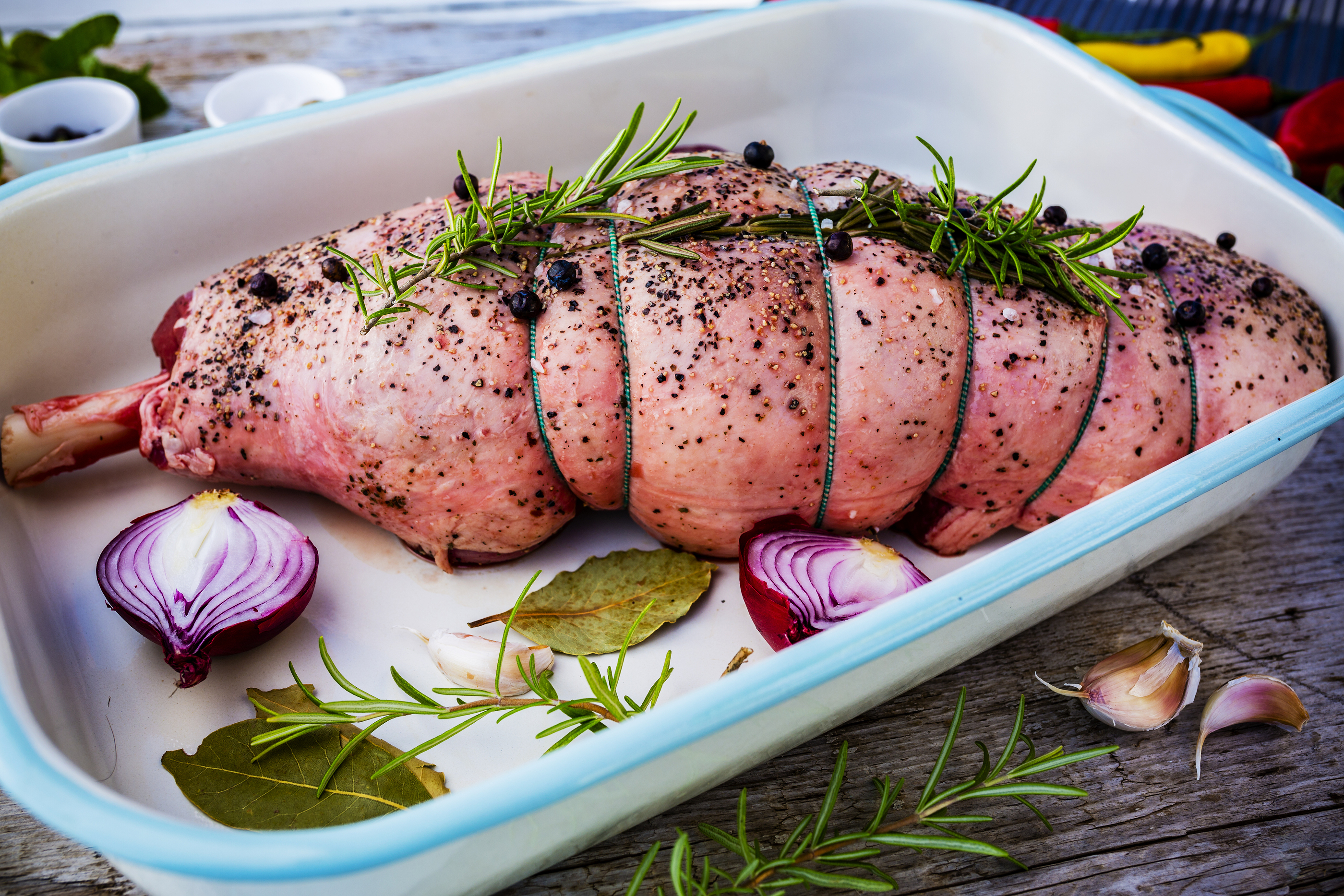 Leg of Lamb with rosemary and Garlic, ready for roasting.