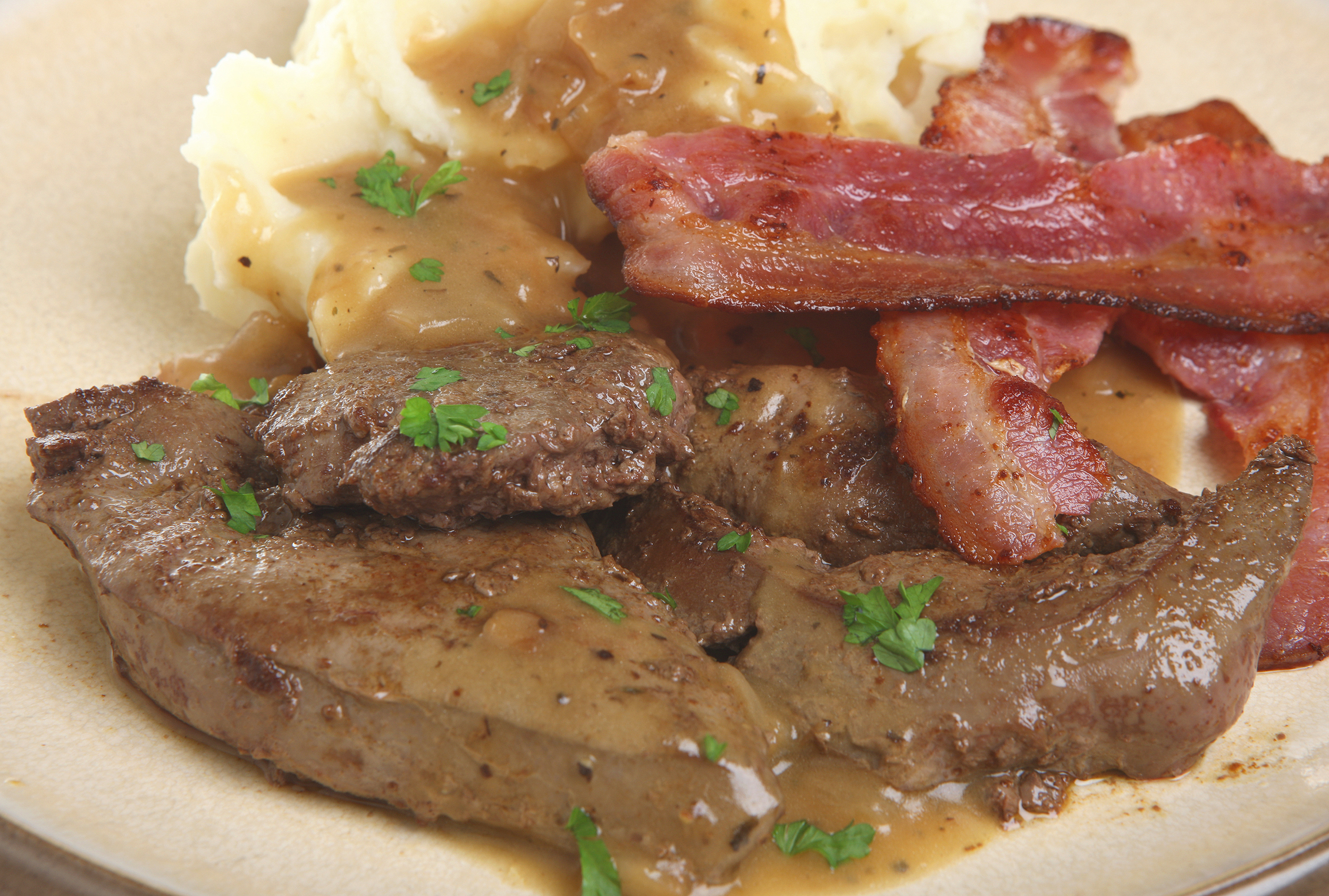 Veal Liver with bacon and onion gravy