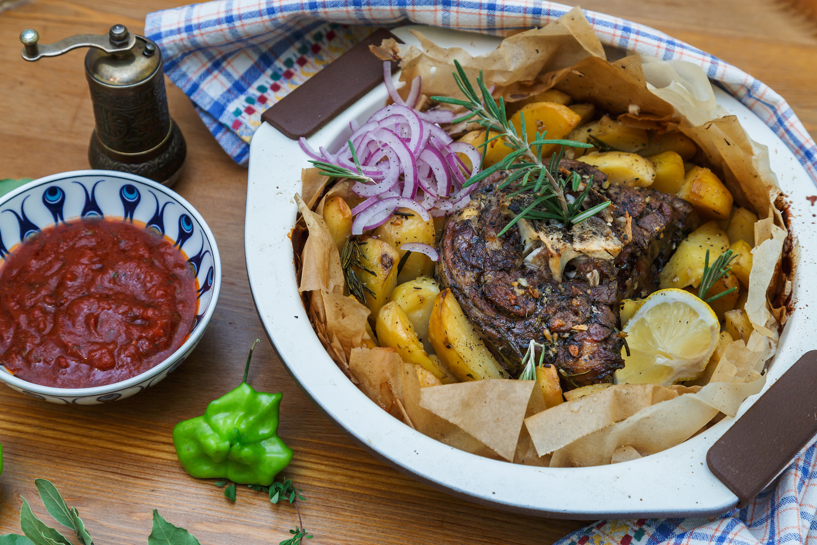 Traditional Greek oven-baked lamb stew served with lemon roast potatoes.