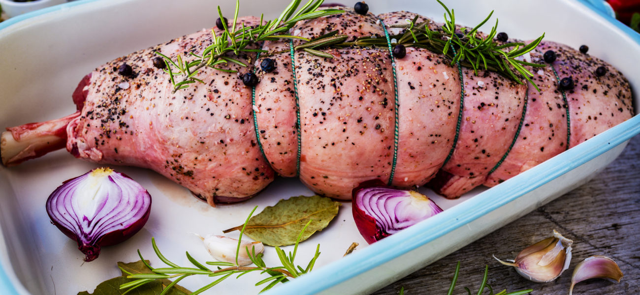 Leg of Lamb with rosemary and Garlic, ready for roasting.